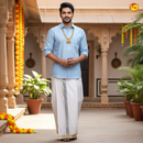 Sky Blue Readymade Shirt And Matching Border Dhoti Set for Men