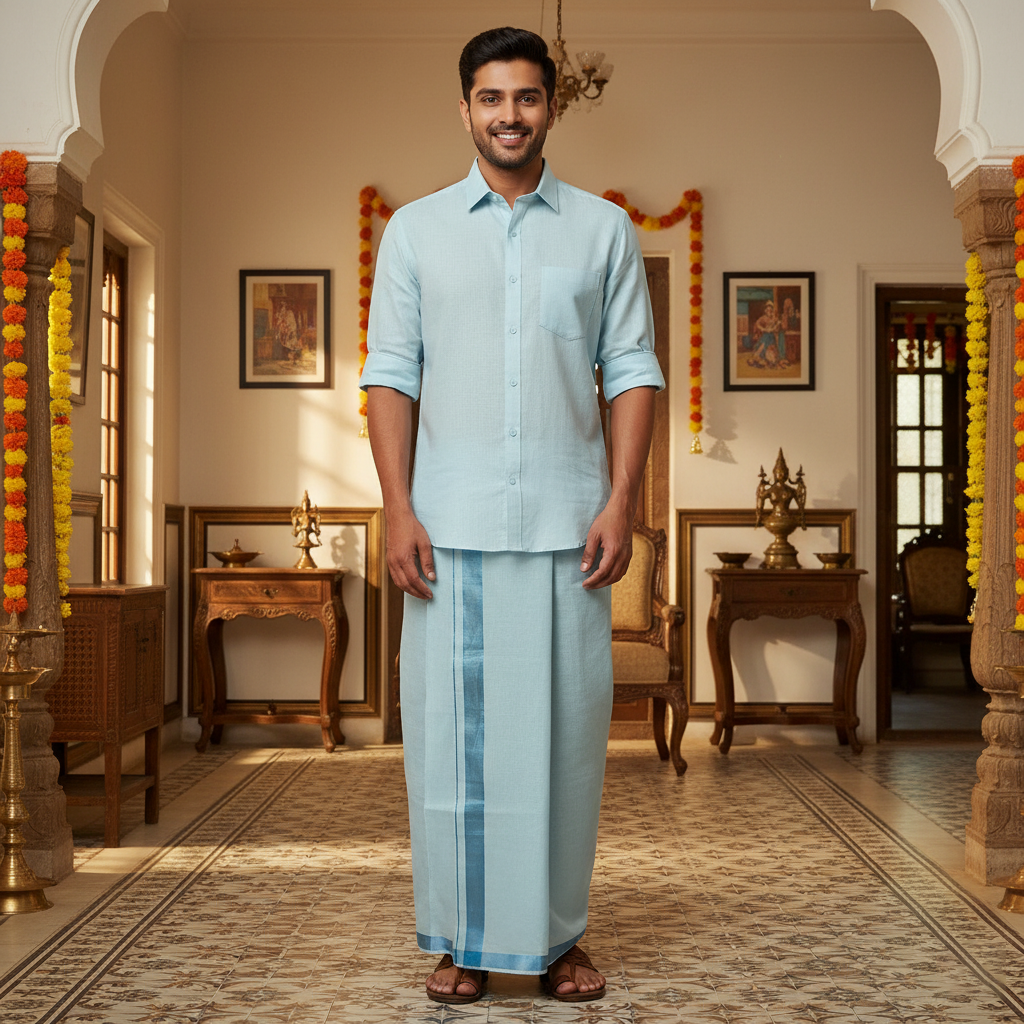 Sea Green Colour Readymade Shirt And Matching Border Dhoti Set for Men