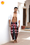 Men’s  Red with Block Checked Cotton Stitched Lungi
