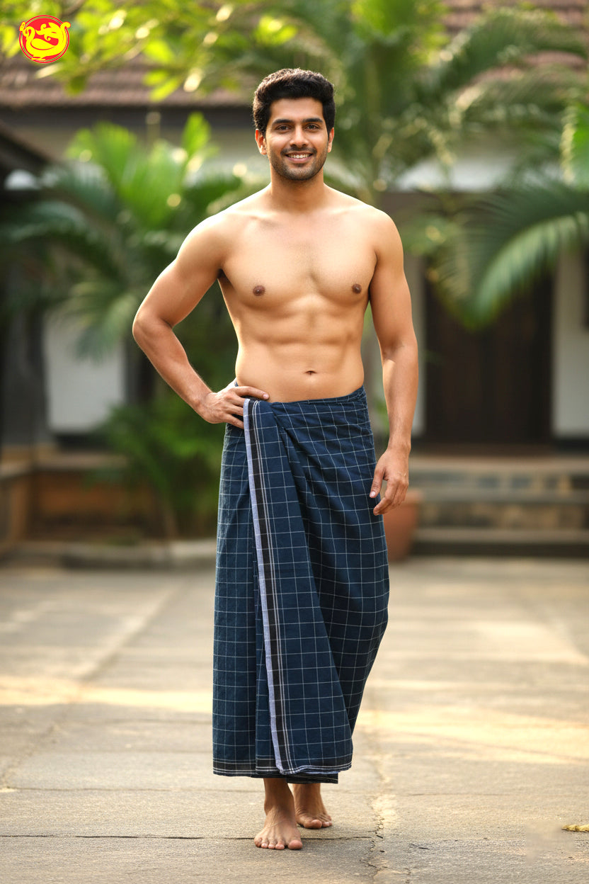 Men’s Navy Blue Checked Cotton Stitched Lungi