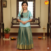 Ice Blue with Green Girls Branded Readymade Pattu Pavadai