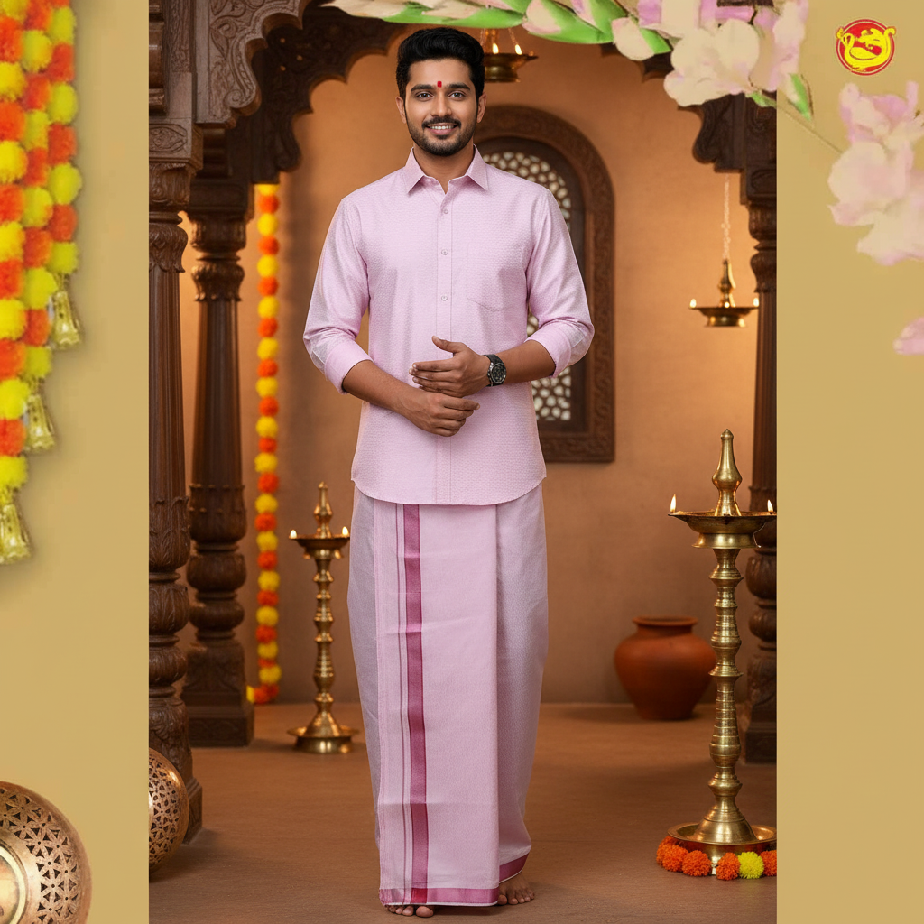 Light Rose Colour Readymade Shirt And Matching Border Dhoti Set for Men