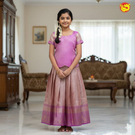 Light pink with Peach Girls Branded Readymade Pattu Pavadai