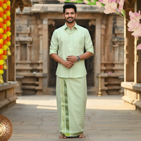 Pista Green Colour Readymade Shirt And Matching Border Dhoti Set for Men