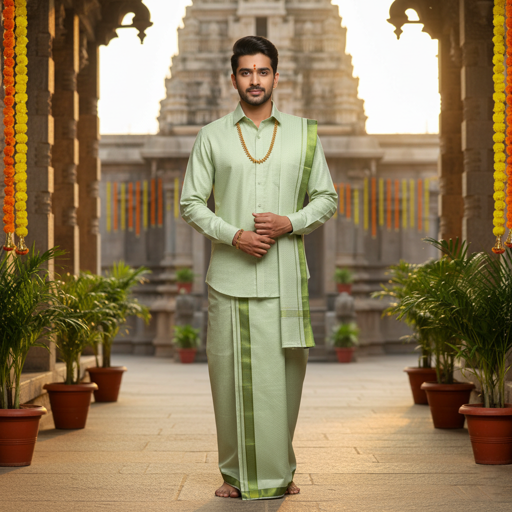 Pista Green Colour Readymade Shirt And Matching Border Dhoti Set for Men