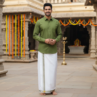 Olive Green Colour Readymade Shirt And Matching Border Dhoti Set for Men