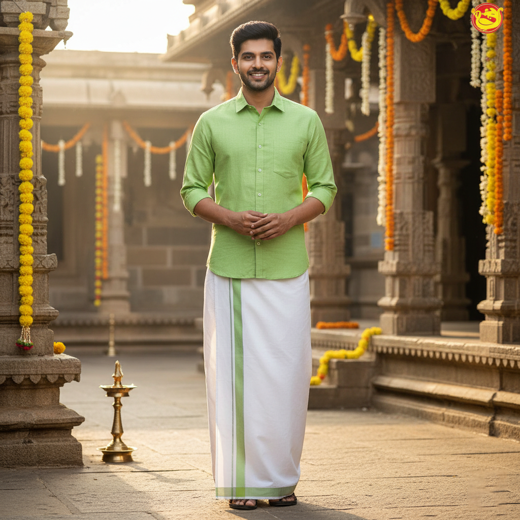 Lime Green Colour Readymade Shirt And Matching Border Dhoti Set for Men