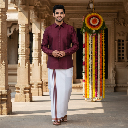 Maroon With White Readymade Shirt And Matching Border Dhoti Set for Men