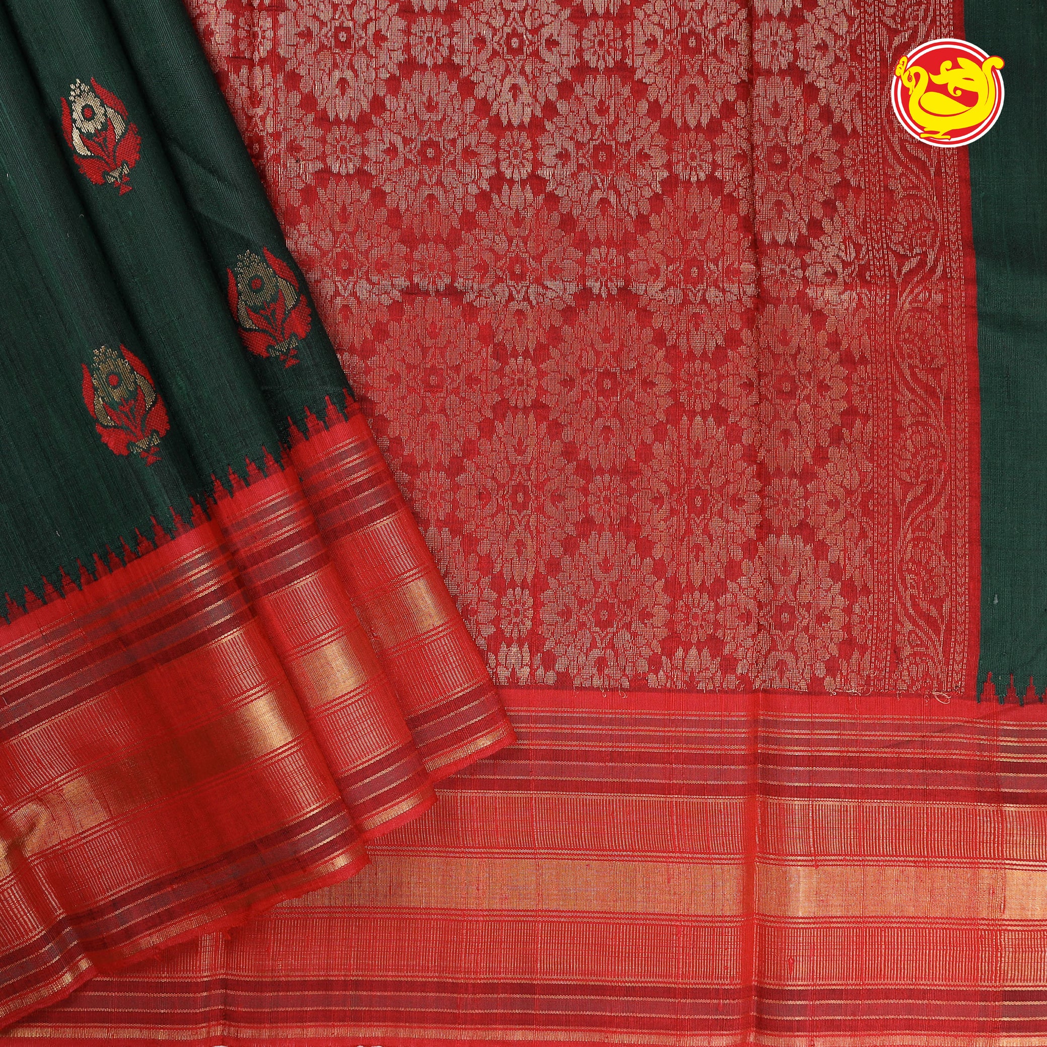 Bottle green with red pure dupion silk saree