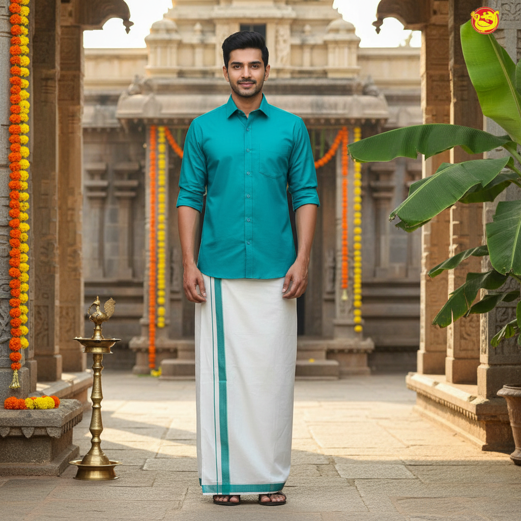Teal Green Colour Readymade Shirt And Matching Border Dhoti Set for Men