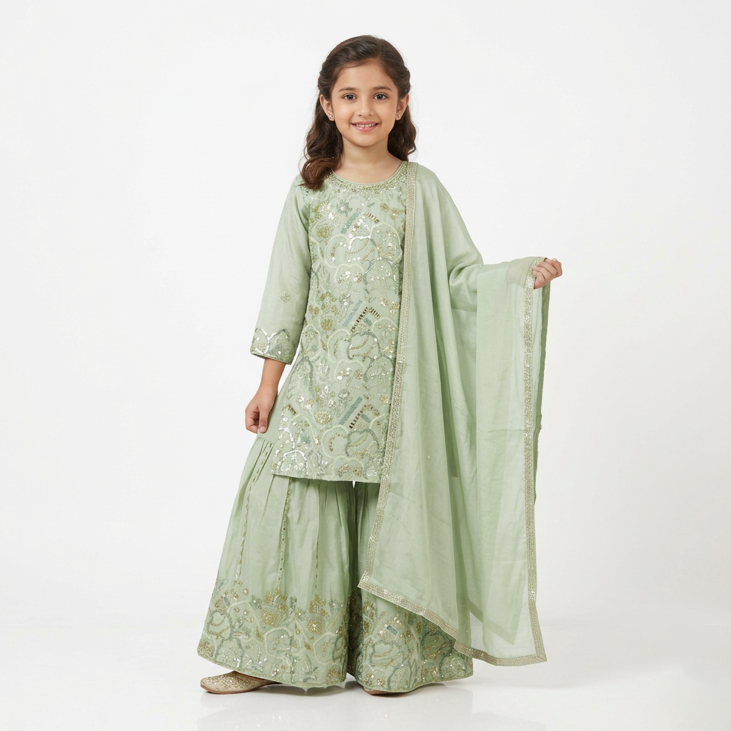 Pista Green Color Girls Branded Readymade Sharara set