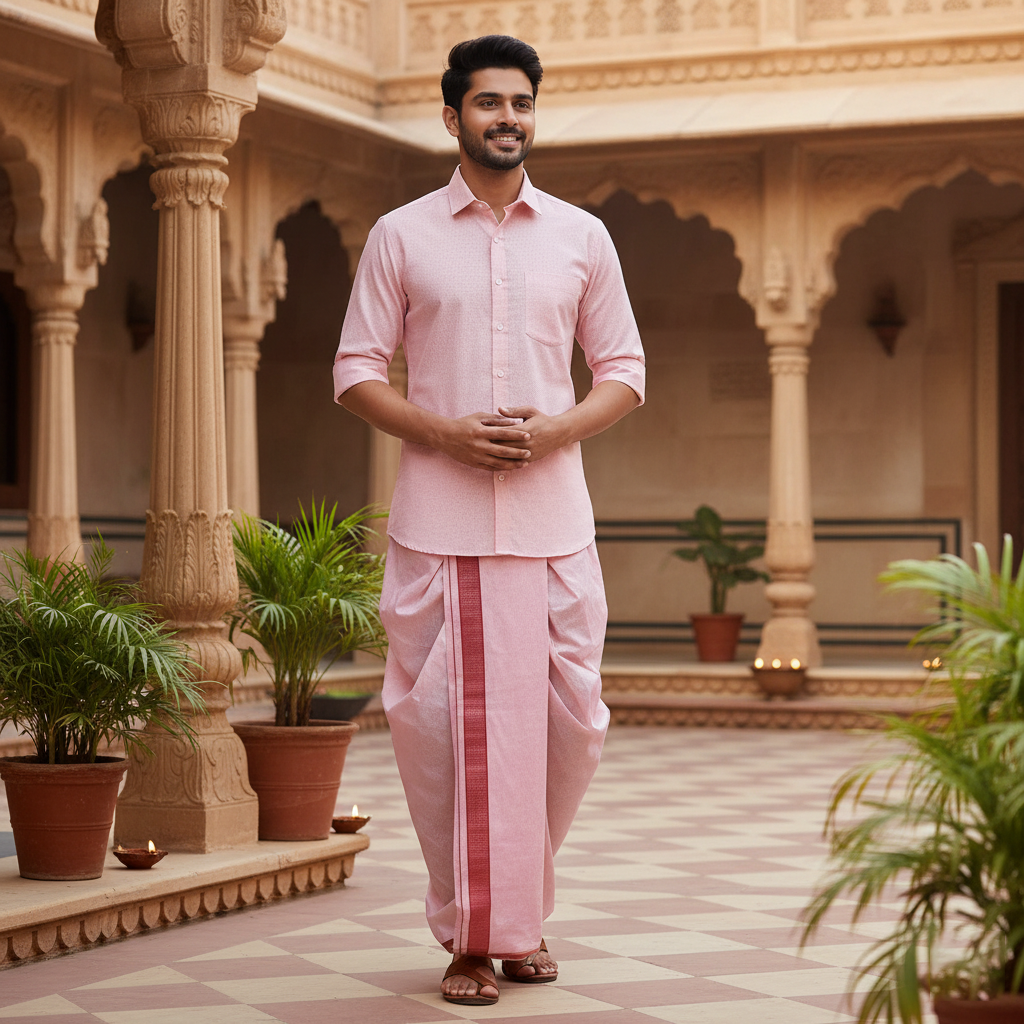 Copper Colour Readymade Shirt And Matching Border Dhoti Set for Men
