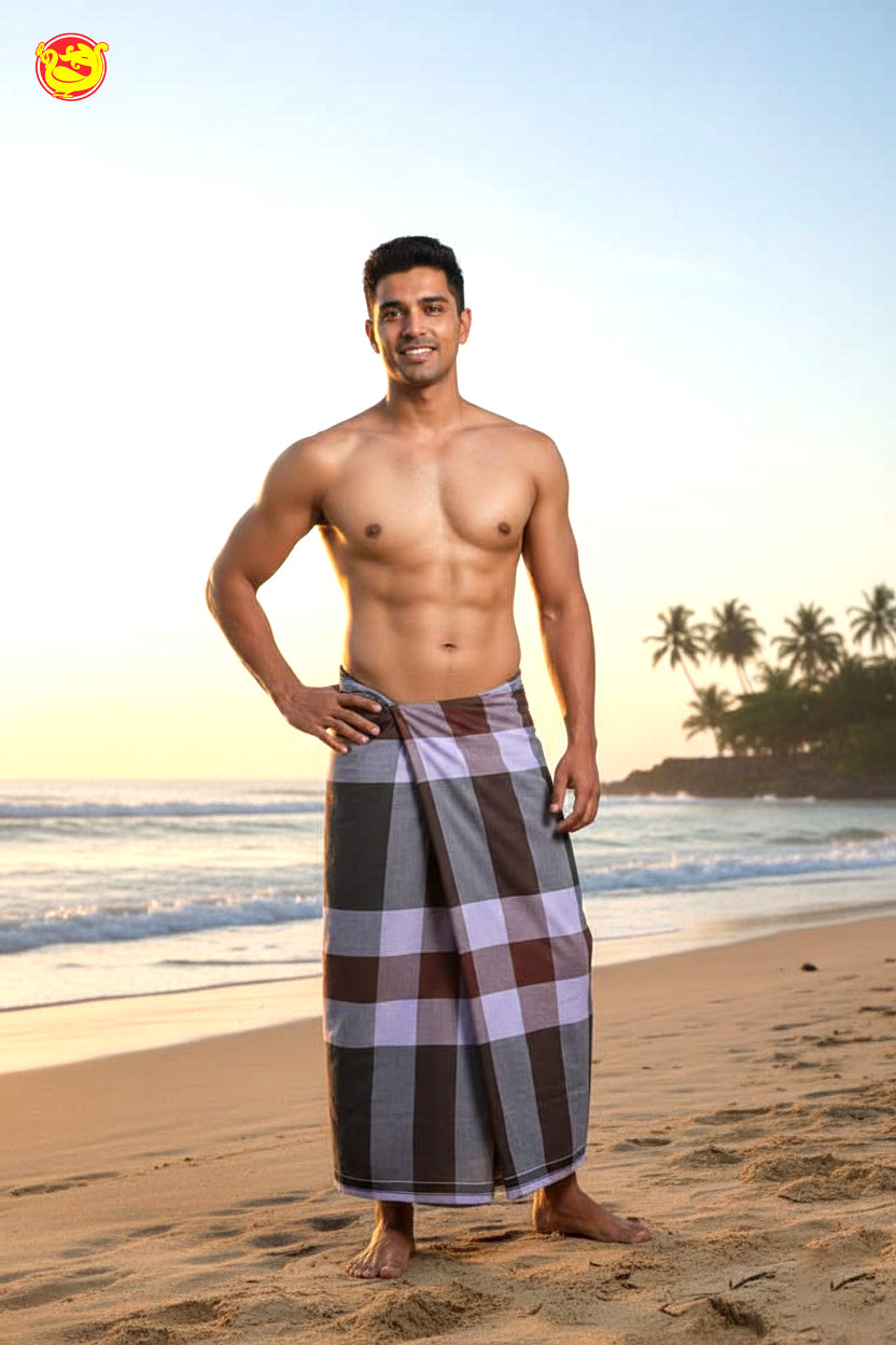 Men’s  Grey  with Brown Checked Cotton Stitched Lungi