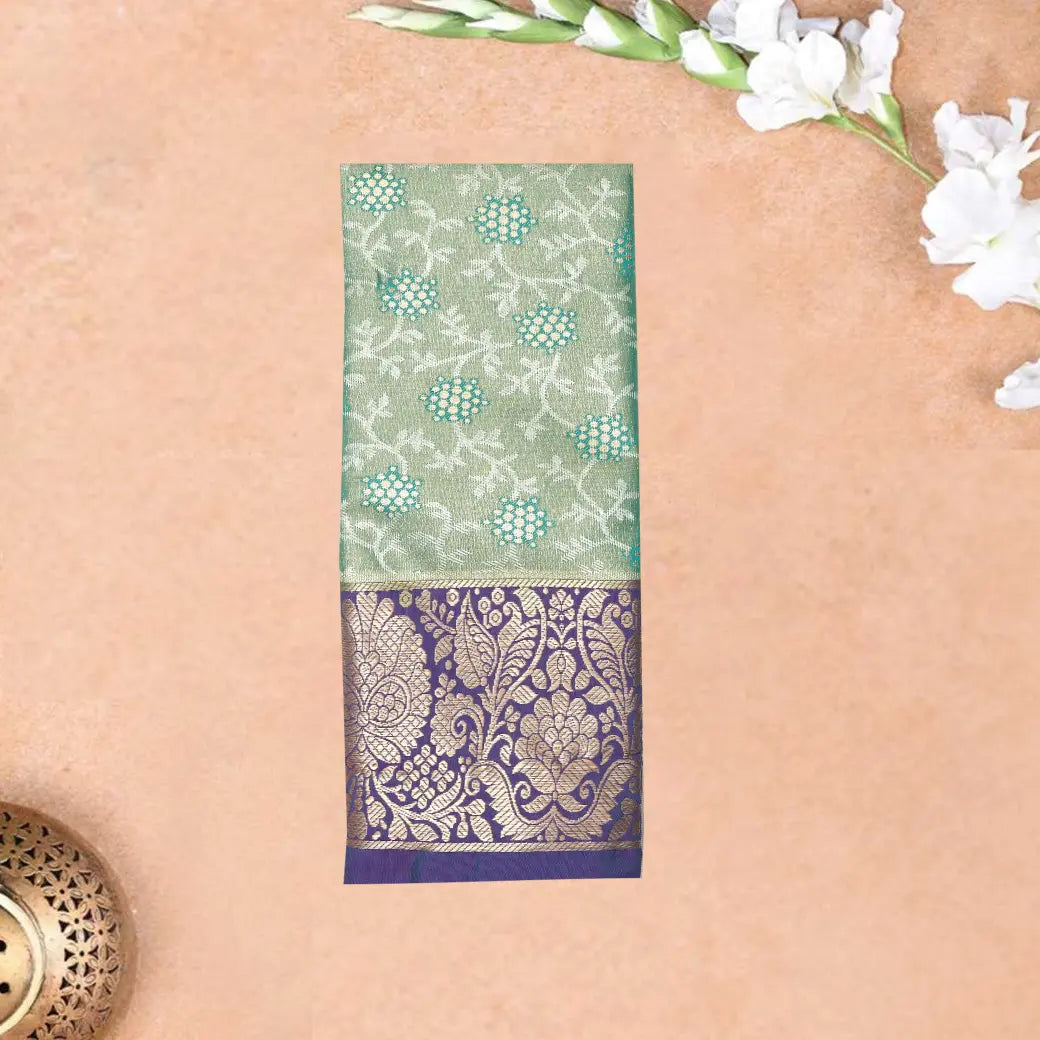 Mint Green With blue Border Floral Design Traditional  Pattu Pavadai Material