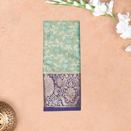Mint Green With blue Border Floral Design Traditional  Pattu Pavadai Material