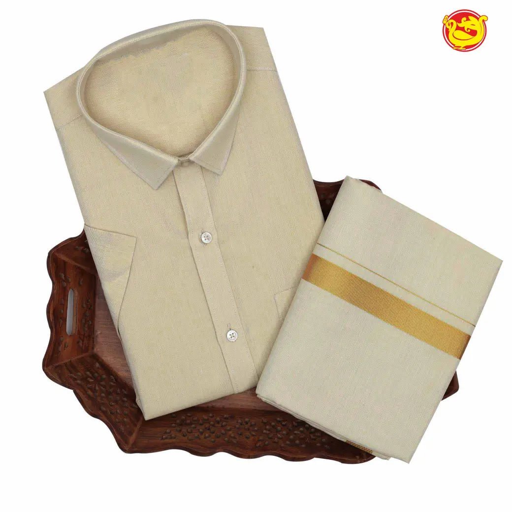 Gold tissue cotton flexi fit dhoti and readymade shirt set