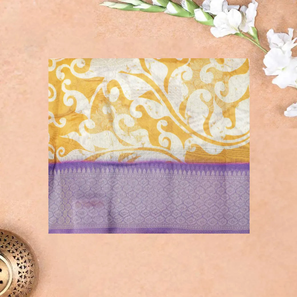 Light Yellow with Light Purple  Floral Pattern Semi Burberry Silk Saree