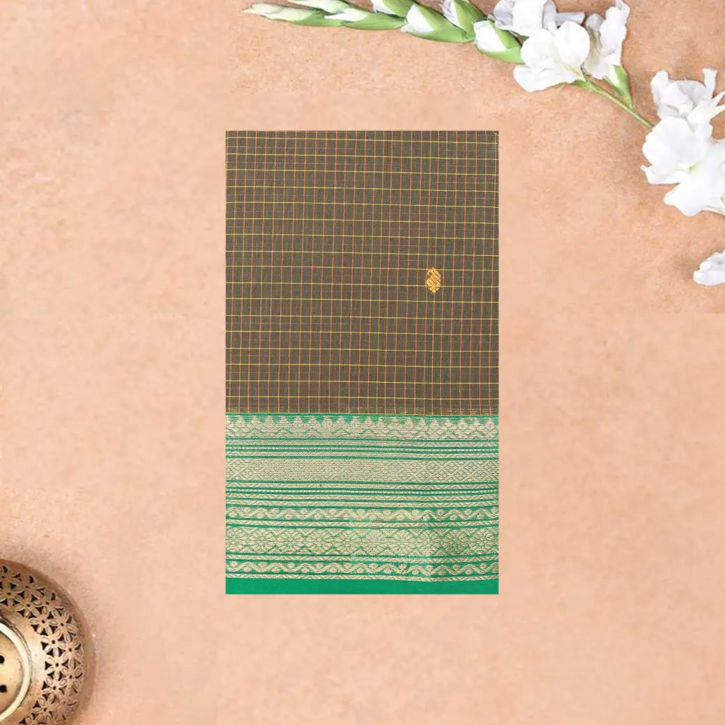 Charcoal Brown with Green Small Checked Pattern Pure Chettinad Cotton Saree without Blouse