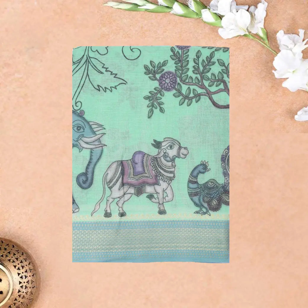 Light green priented floral design Semi Chanderi  Saree