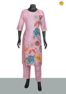 Pastel Pink With Floral Digital Print and Handwork Ladies Branded Readymade Straight Cut Chudi Set - Thenianantham