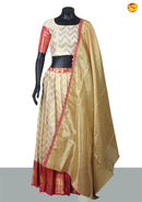 Half White With Pink Semi Silk Half Saree With Gold Pink Lace Dupatta - Thenianantham