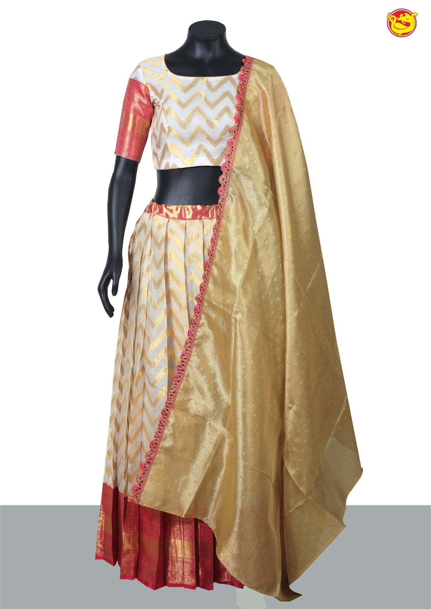 Half White With Pink Semi Silk Half Saree With Gold Pink Lace Dupatta - Thenianantham