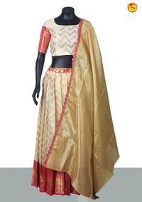 Half White With Pink Semi Silk Half Saree With Gold Pink Lace Dupatta - Thenianantham