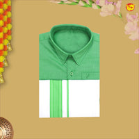 Green Colour Cotton  Boy’s Readymade Shirt And Dhoti Set