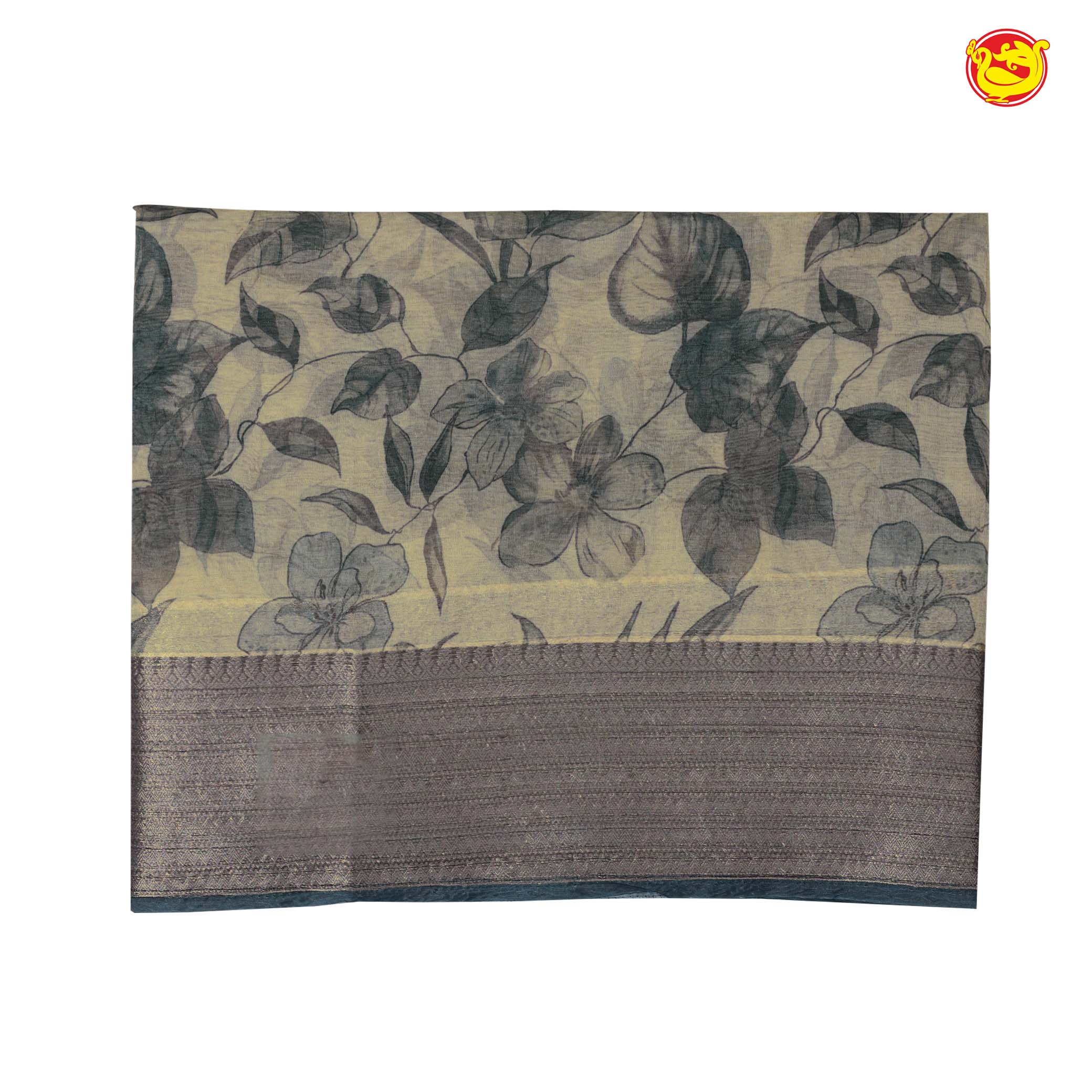 Creamy Sandal Grey Floral Garden Copper Zari Russian Silk Saree