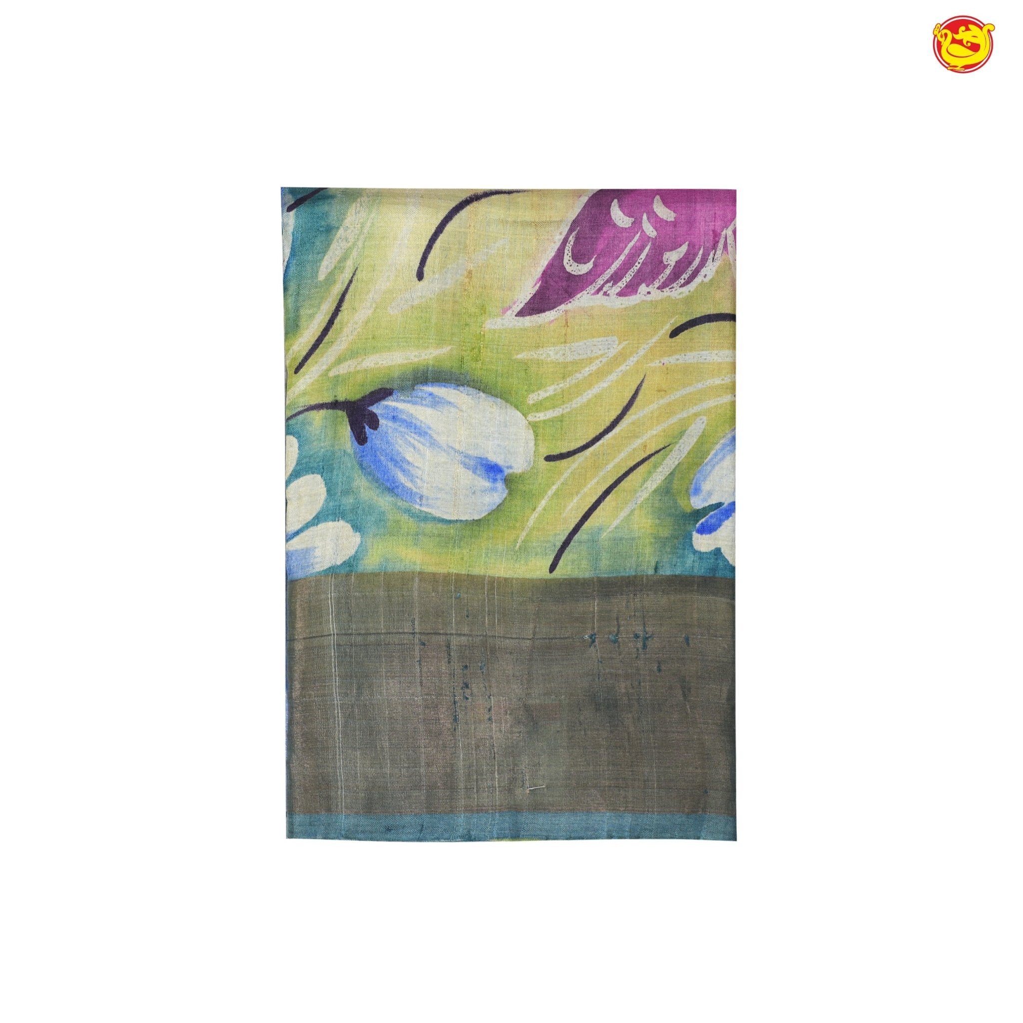 Pure Tussar Silk Saree Light Yellow and Dark Grey Shade With Floral Design and Painted Prints and Zari Woven Border