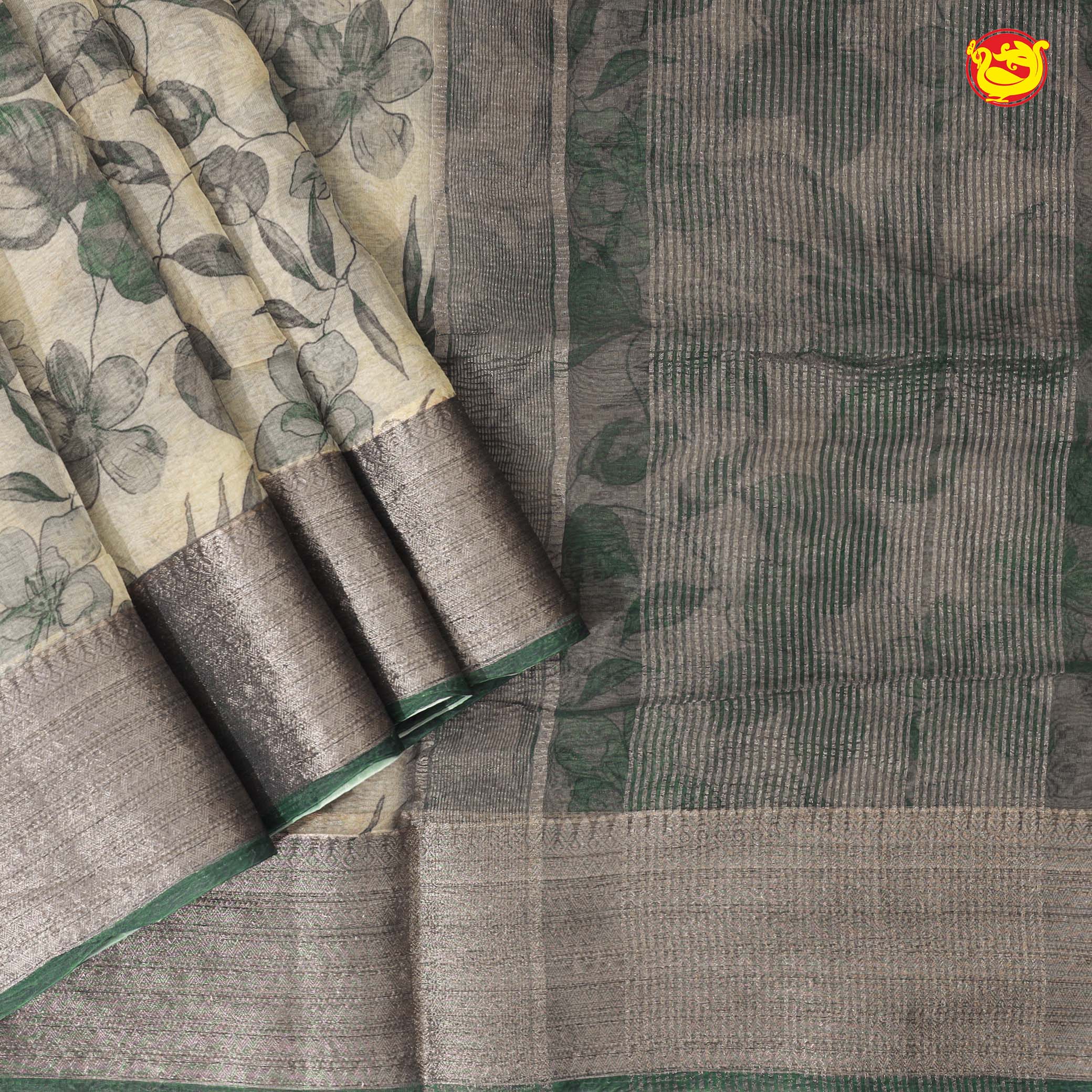 Creamy Sandal Grey Floral Garden Copper Zari Russian Silk Saree