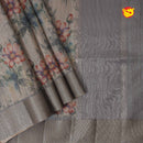 Dark Grey With Gold Border Tussar Silk With Floral Digital Prints saree