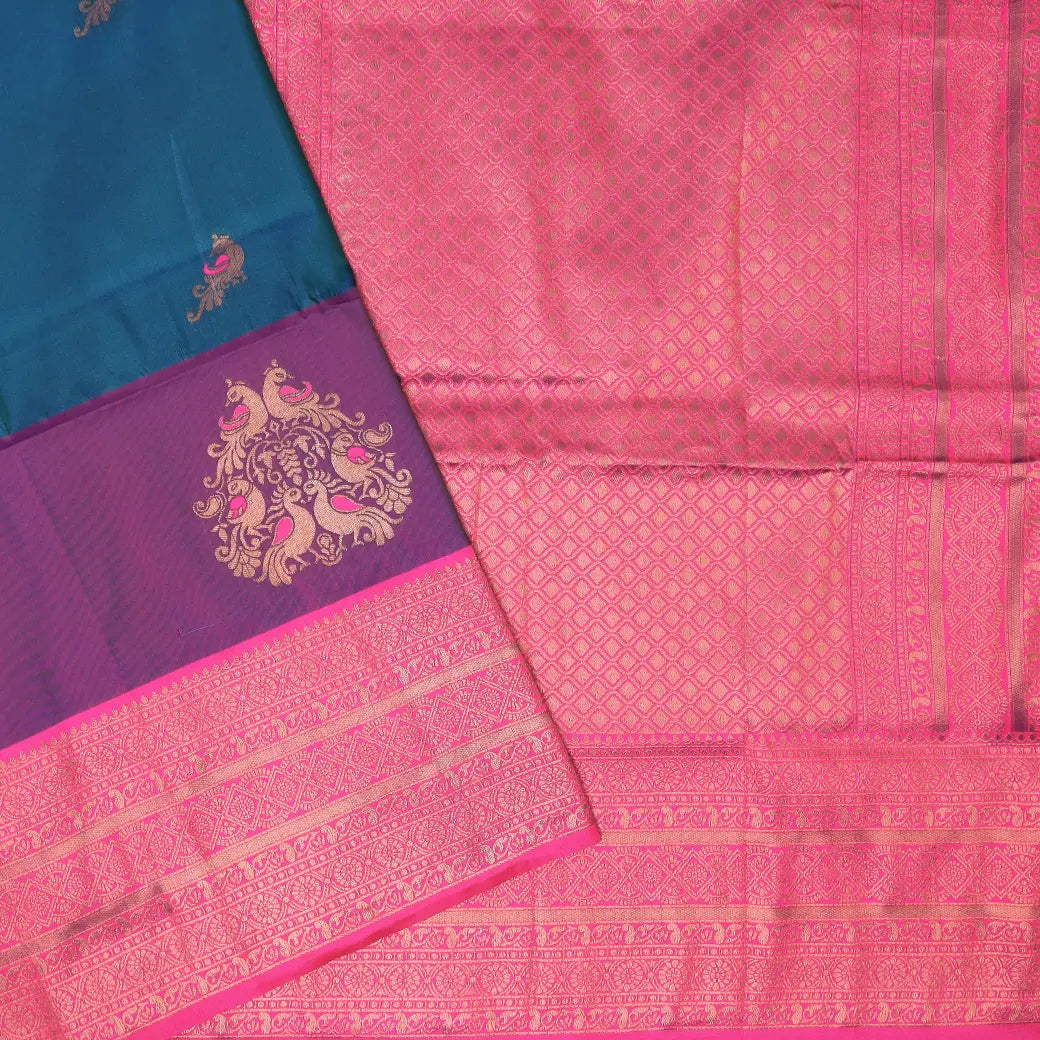 Peacock Blue with Pink Soft Silk Saree