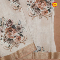 Light Beige Pure Organza Silk With Gold Zari Border Digital Print Saree - Thenianantham