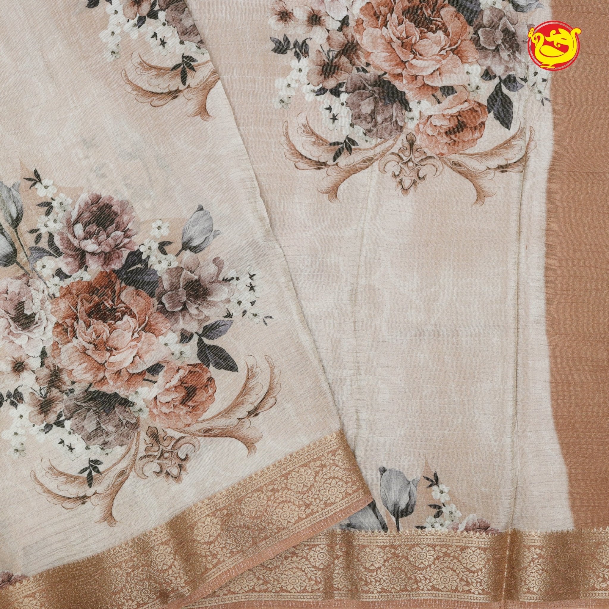 Light Beige Pure Organza Silk With Gold Zari Border Digital Print Saree