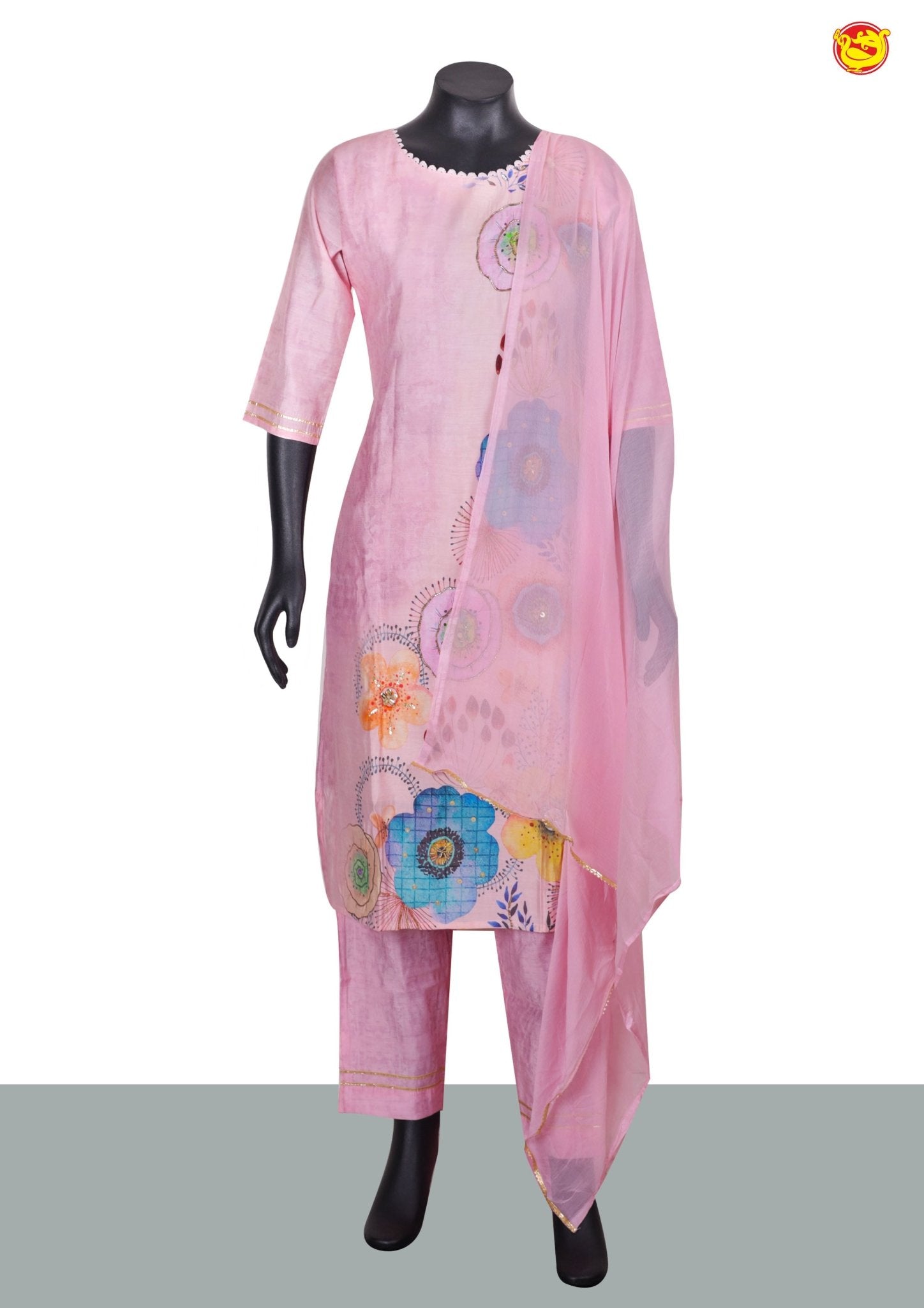 Pastel Pink With Floral Digital Print and Handwork Ladies Branded Readymade Straight Cut Chudi Set