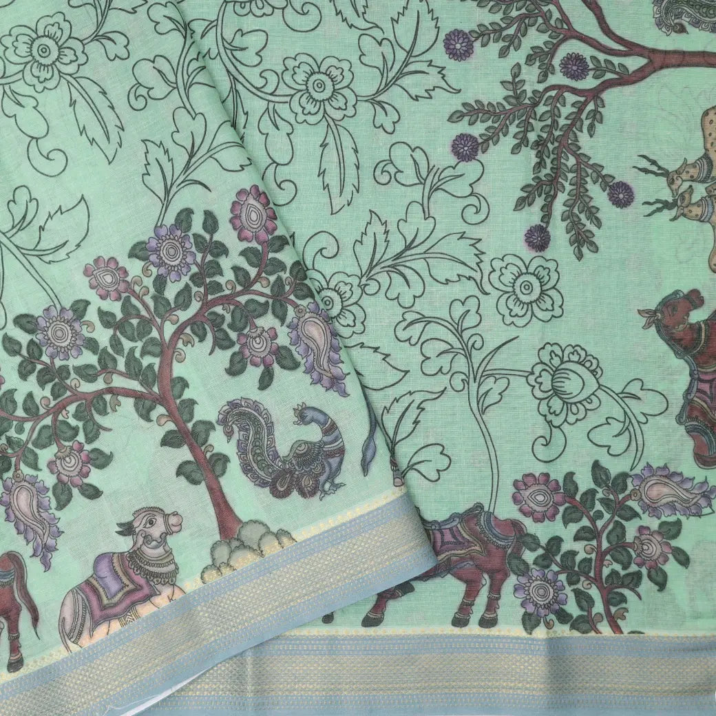 Light green priented floral design Semi Chanderi  Saree