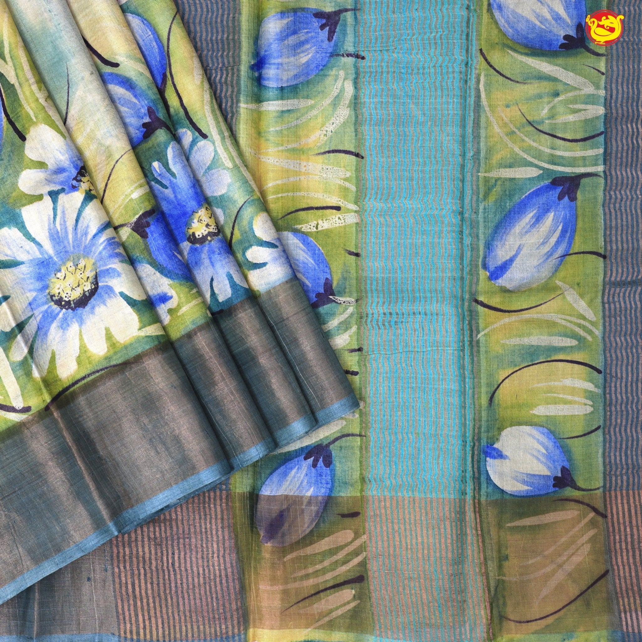 Pure Tussar Silk Saree Light Yellow and Dark Grey Shade With Floral Design and Painted Prints and Zari Woven Border