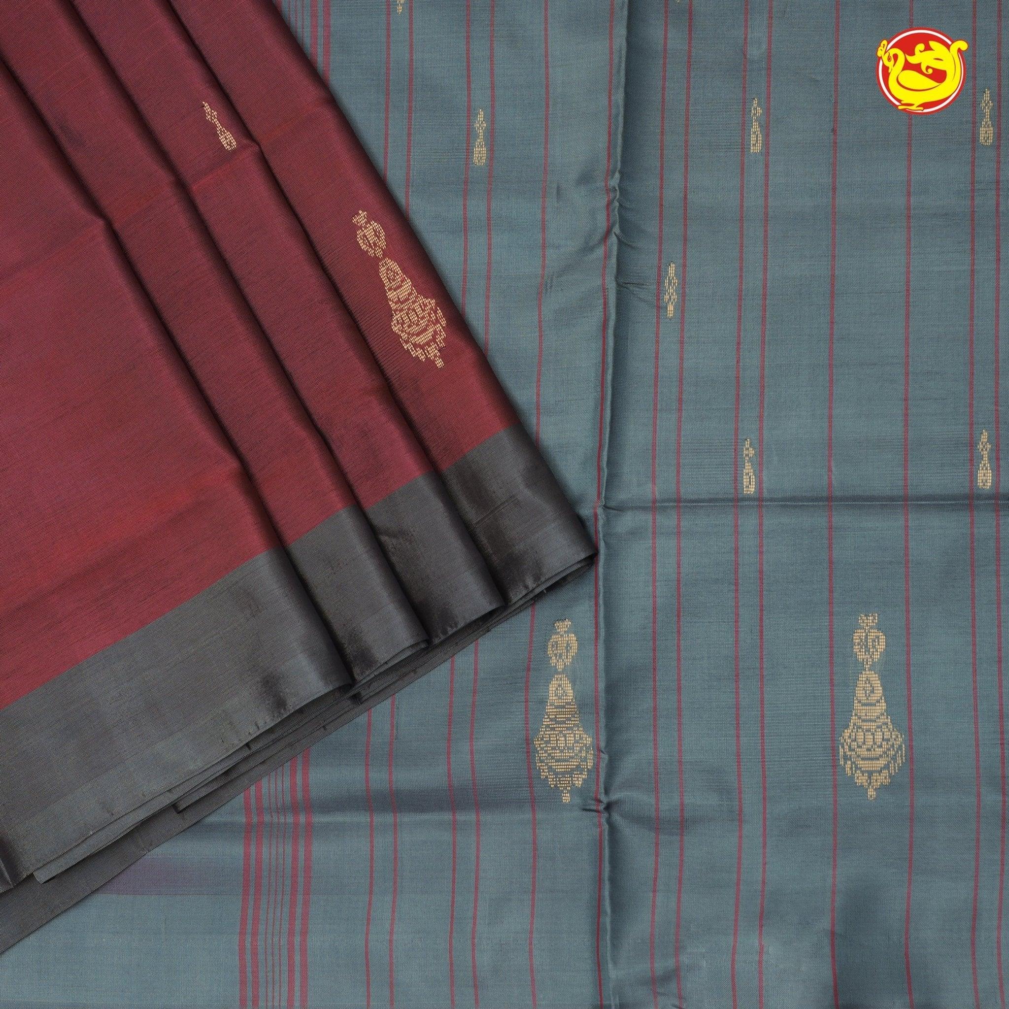 Grey With Maroon Pallu Banana Pith Saree With Running Blouse - Thenianantham