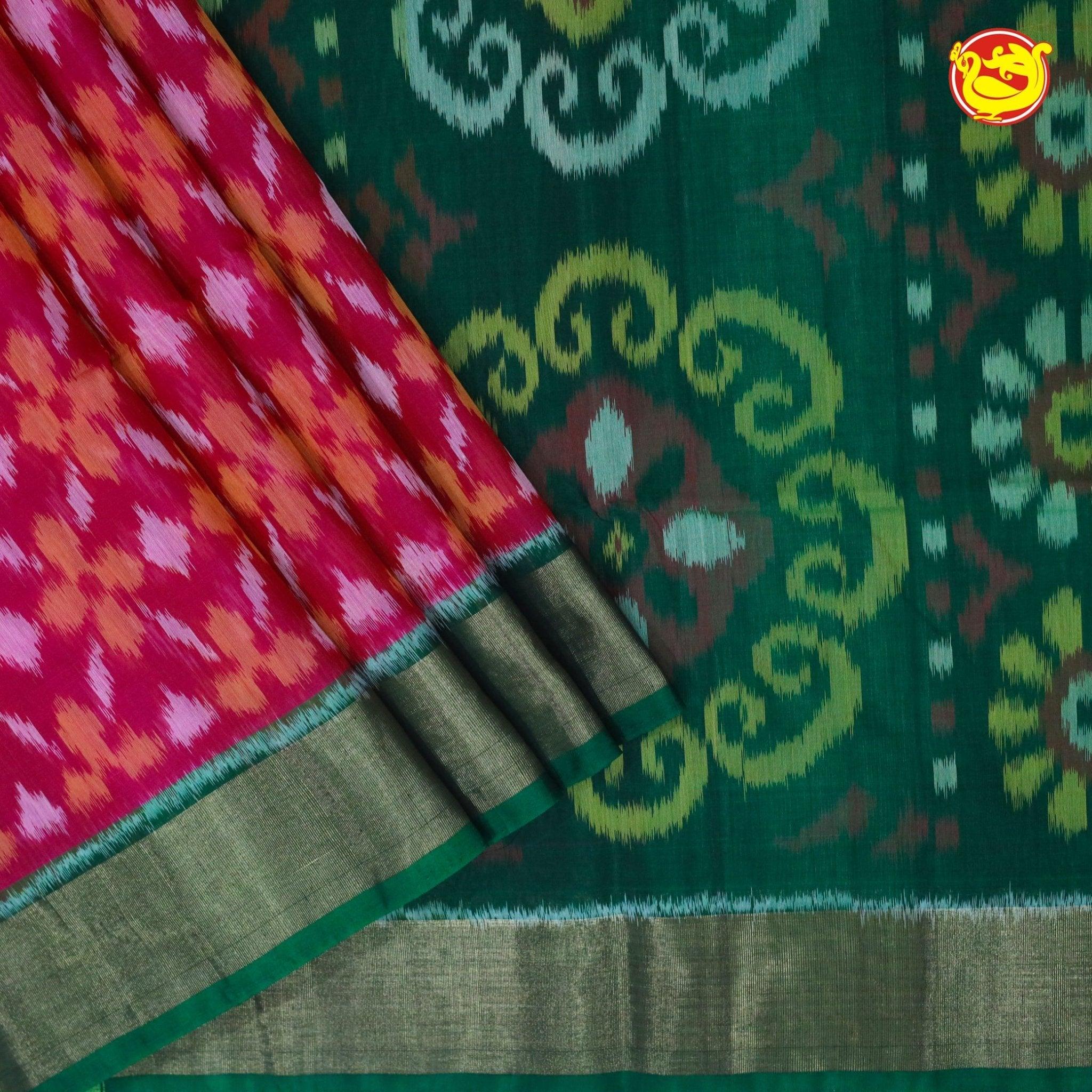 Rani Pink With Bottle Green Ikat Soft Silk Saree