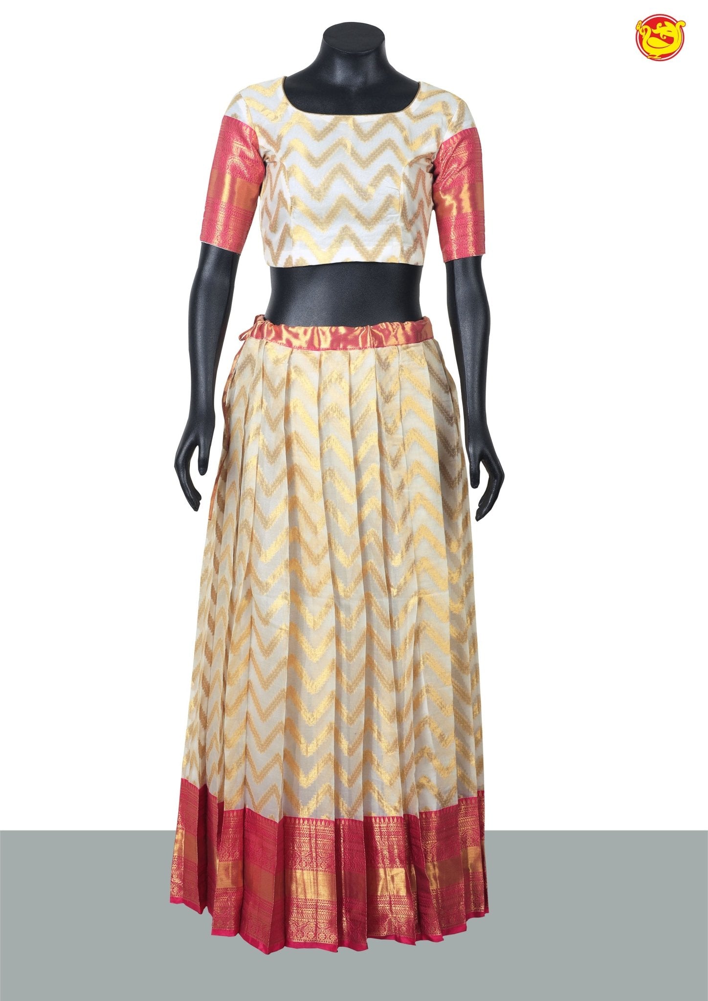 Half White With Pink Semi Silk Half Saree With Gold Pink Lace Dupatta - Thenianantham