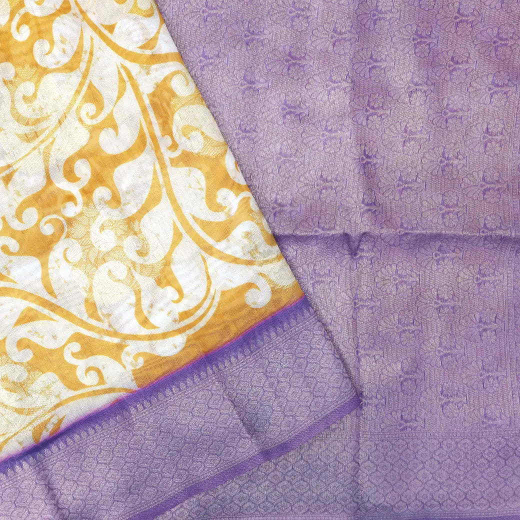 Light Yellow with Light Purple  Floral Pattern Semi Burberry Silk Saree