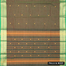 Charcoal Brown with Green Small Checked Pattern Pure Chettinad Cotton Saree without Blouse