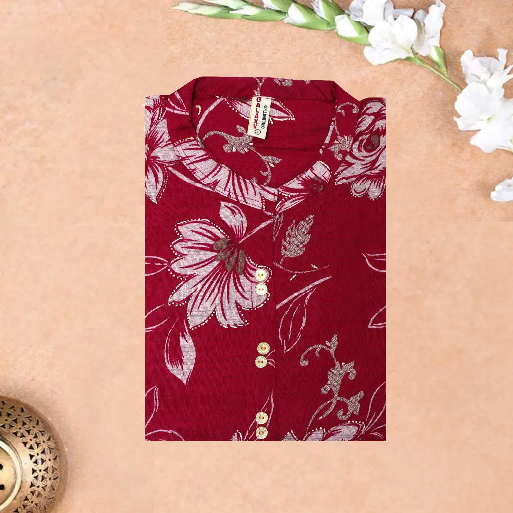 Red Printed Ladies Branded Readymade Long Top