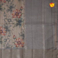 Dark Grey With Gold Border Tussar Silk With Floral Digital Prints saree