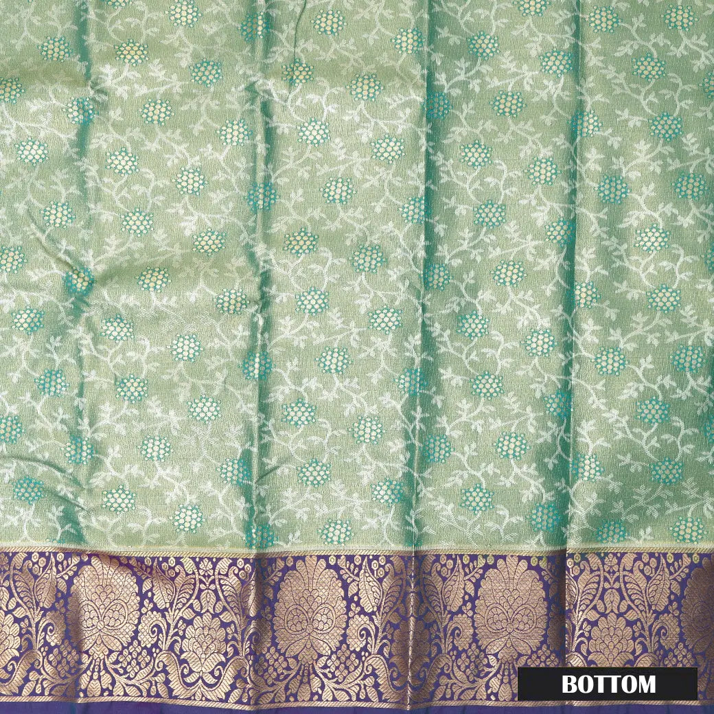 Mint Green With blue Border Floral Design Traditional  Pattu Pavadai Material