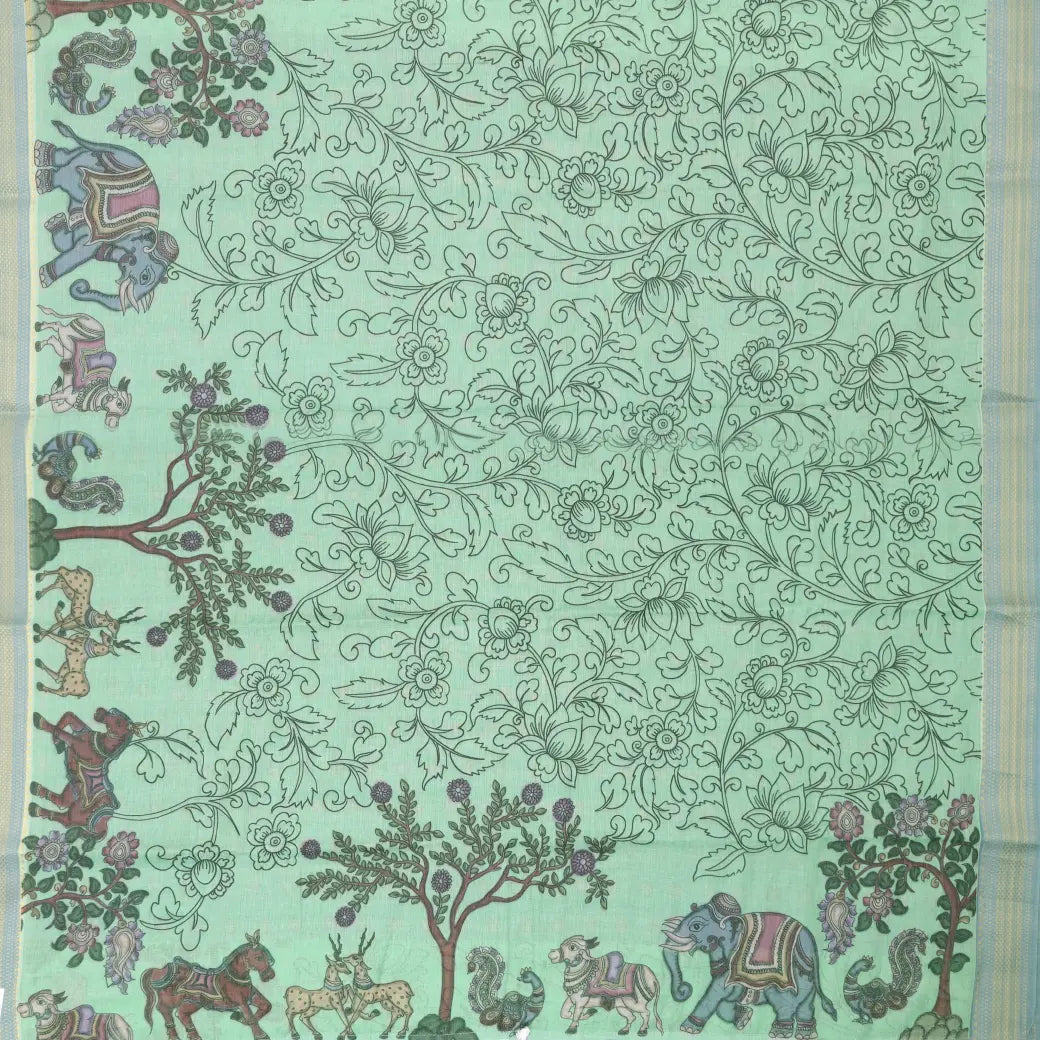 Light green priented floral design Semi Chanderi  Saree