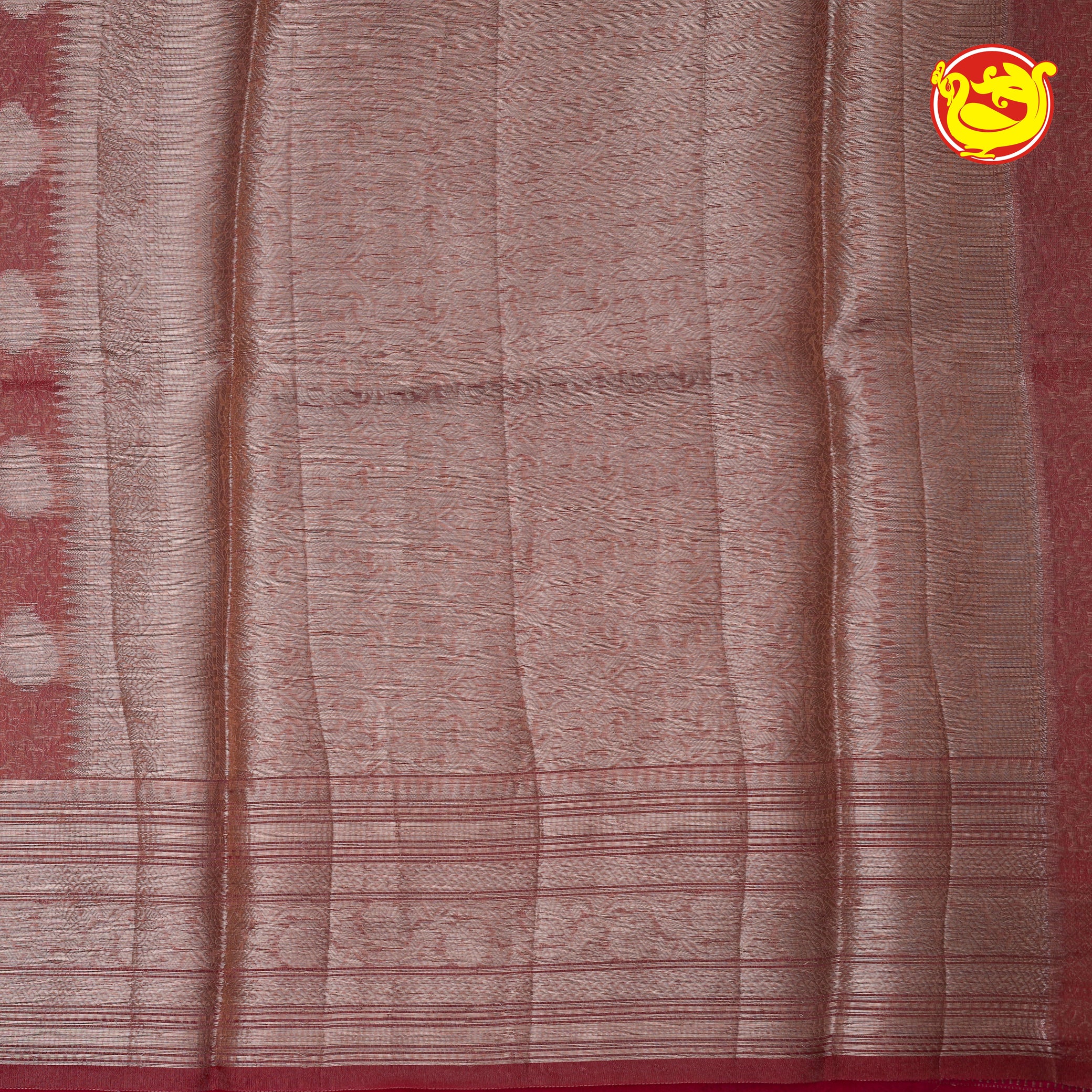 Red Semi-Tissue Saree With Unique Buttas, Traditional Zari Border & Pallu Of Intricate Designs