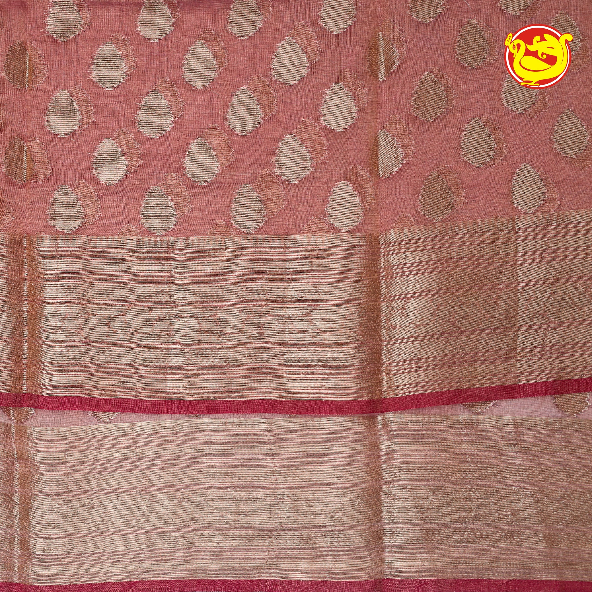 Red Semi-Tissue Saree With Unique Buttas, Traditional Zari Border & Pallu Of Intricate Designs