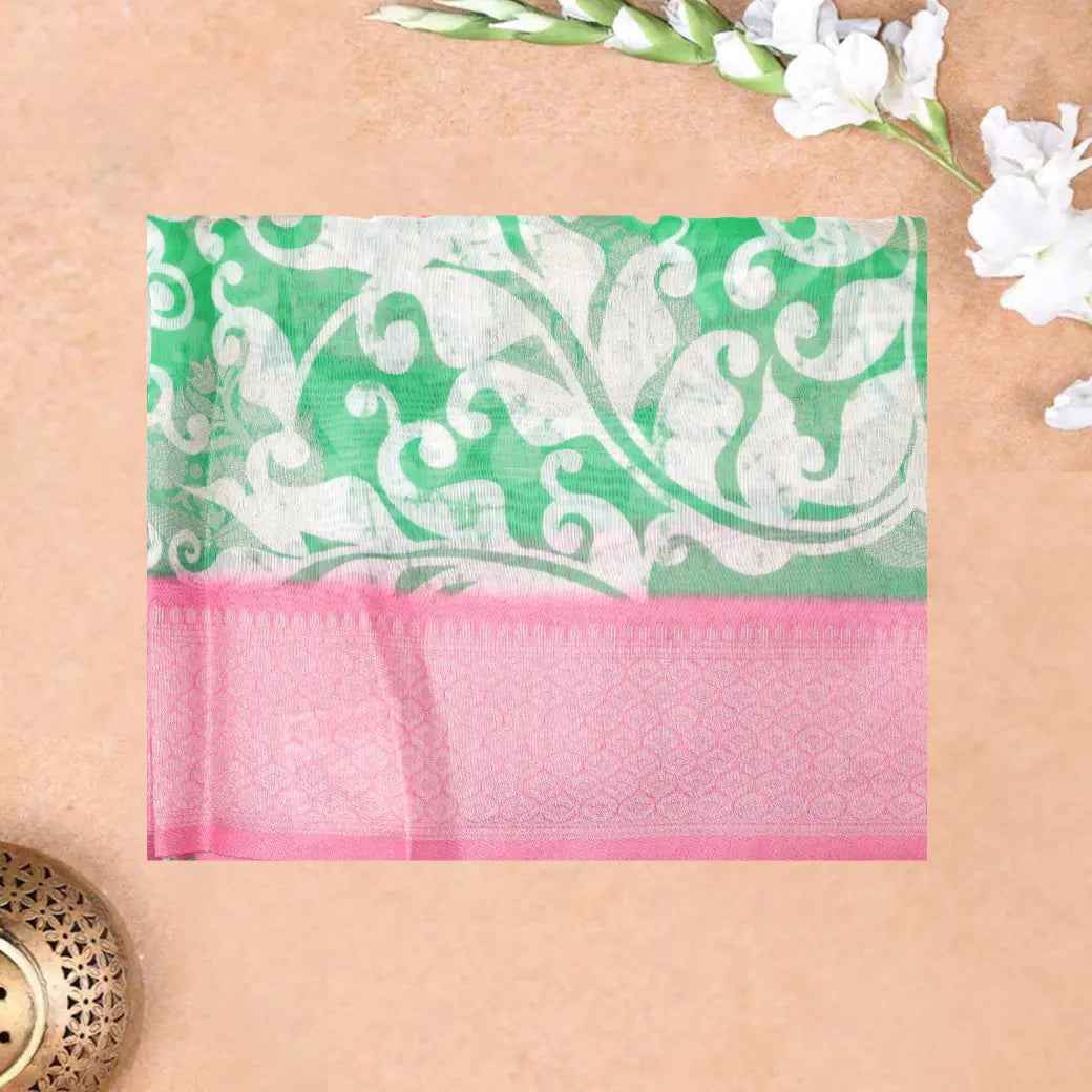 Light Green with Baby Pink Floral Pattern Semi Burberry Silk Saree
